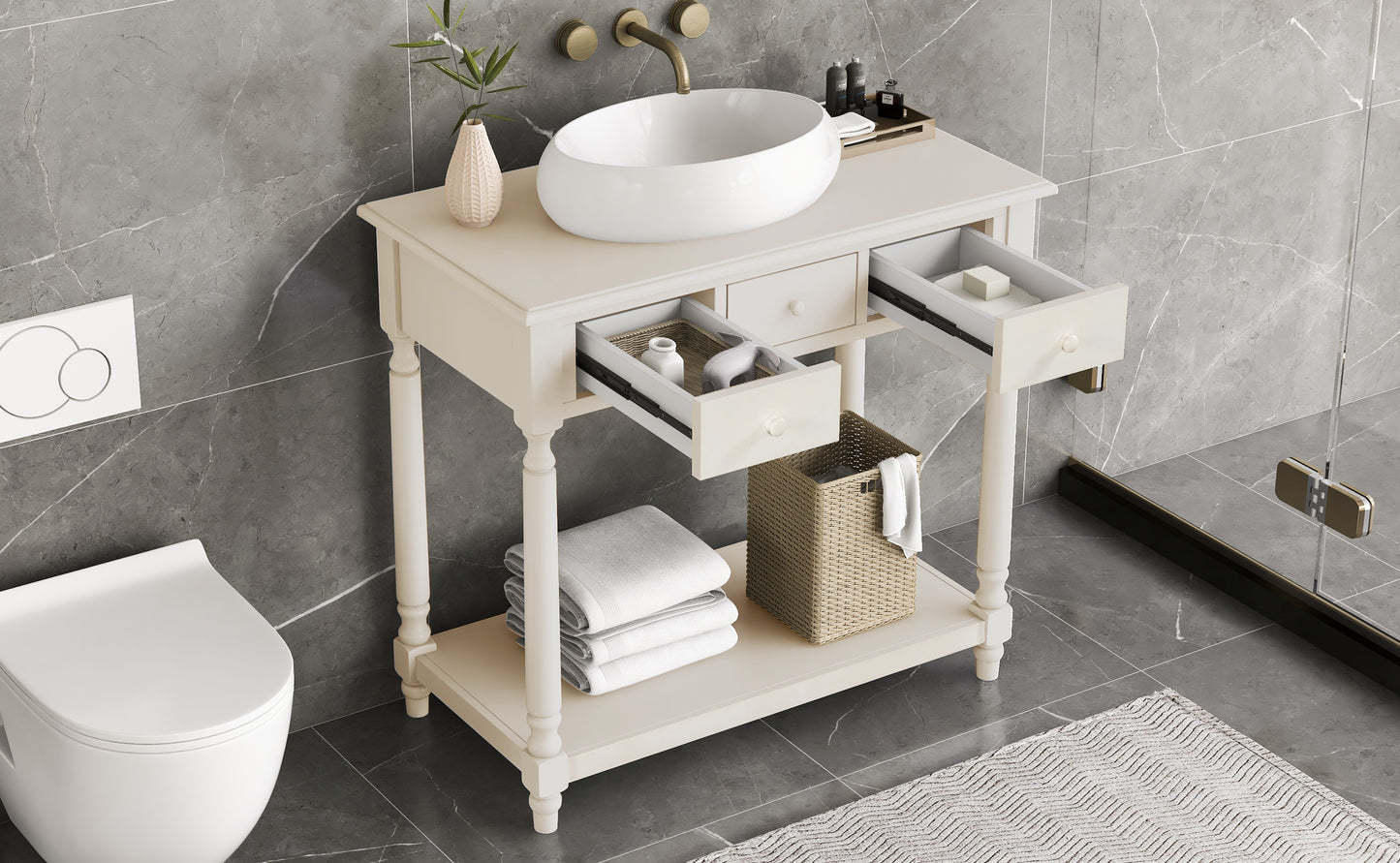 36" Bathroom Vanity Base without Sink, Open Storage Shelf, Two Drawers, Pre-Drilled Holes, Roman Style, Antique White