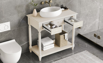 36" Bathroom Vanity Base without Sink, Open Storage Shelf, Two Drawers, Pre-Drilled Holes, Roman Style, Antique White