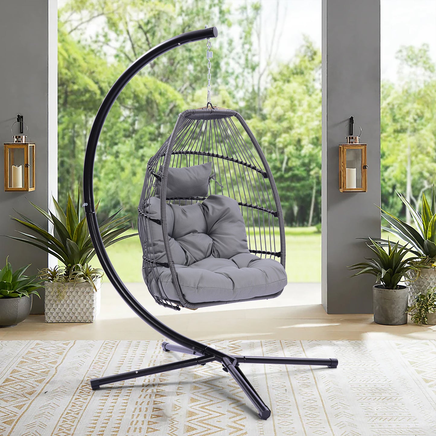 Outdoor Patio Wicker Folding Hanging Chair,Rattan Swing Hammock Egg Chair With C Type Bracket, With Cushion And Pillow