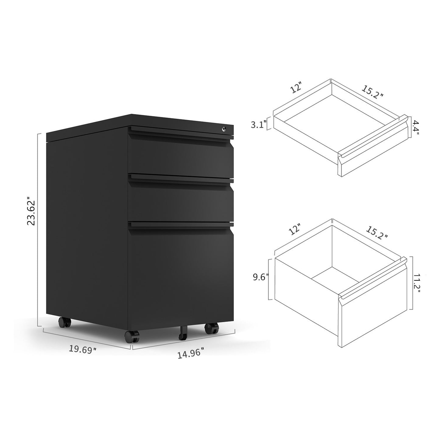 Metal mobile 3 Drawer File Cabinet with Lockable, Pedestal Cabinet Assembled for Legal or Letter Files,Used for Office and Home