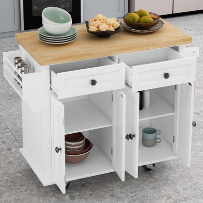 Kitchen Island Cart with Two Storage Cabinets and Two Locking Wheels，43.31 Inch Width，4 Door Cabinet and Two Drawers，Spice Rack, Towel Rack （White）