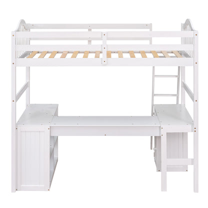 Twin size Loft Bed with Drawers, Cabinet, Shelves and Desk, Wooden Loft Bed with Desk - White(OLD SKU :LT000505AAK)