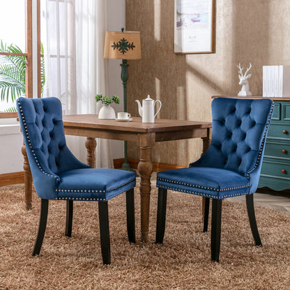 A&A Furniture,Nikki Collection Modern, High-end Tufted Solid Wood Contemporary Velvet Upholstered Dining Chair with Wood Legs Nailhead Trim  2-Pcs Set，Blue, SW8801BL