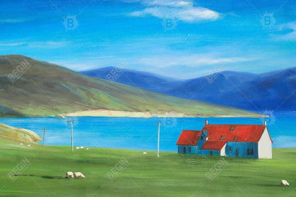 Scottish highlands with a little red roof house - 12x18 Print on canvas