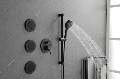 Shower System with Shower Head, Hand Shower, Slide Bar, Bodysprays, Shower Arm, Hose, Valve Trim, and Lever Handles