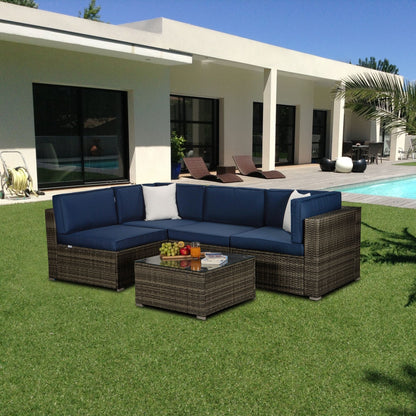 Outdoor Garden Patio Furniture 5-Piece Dark Gray PE Rattan Wicker Sectional Navy Cushioned Sofa Sets with 2 Begie Pillows