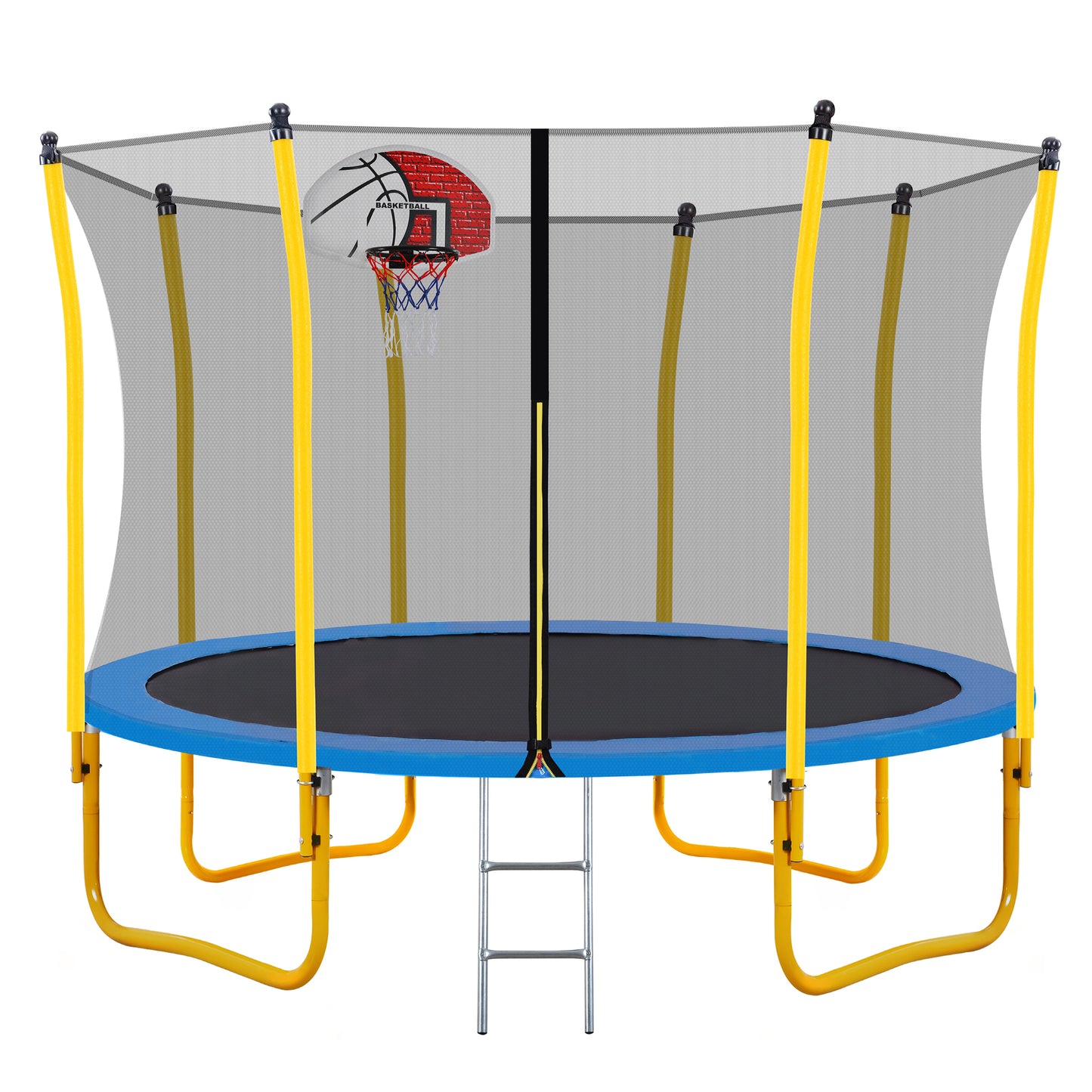 12FT Trampoline for Kids with Safety Enclosure Net, Basketball Hoop and Ladder, Easy Assembly Round Outdoor Recreational Trampoline