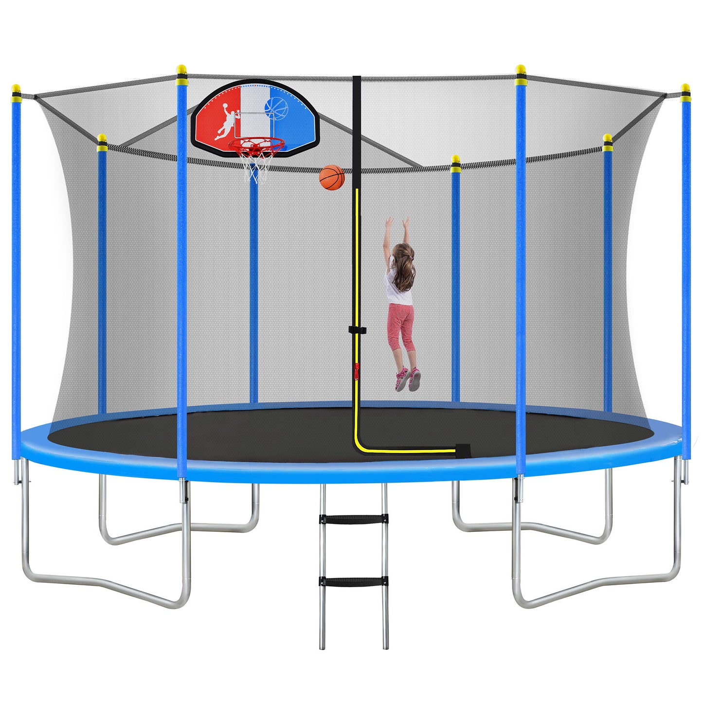 12FT Trampoline for Kids with Safety Enclosure Net, Basketball Hoop and Ladder, Easy Assembly Round Outdoor Recreational Trampoline