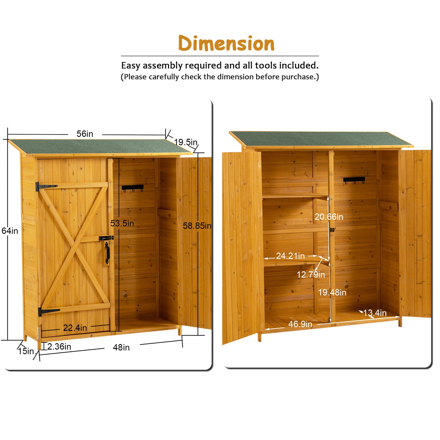 56”L x 19.5”W x 64”H Outdoor Storage Shed with Lockable Door, Wooden Tool Storage Shed w/Detachable Shelves & Pitch Roof, Natural