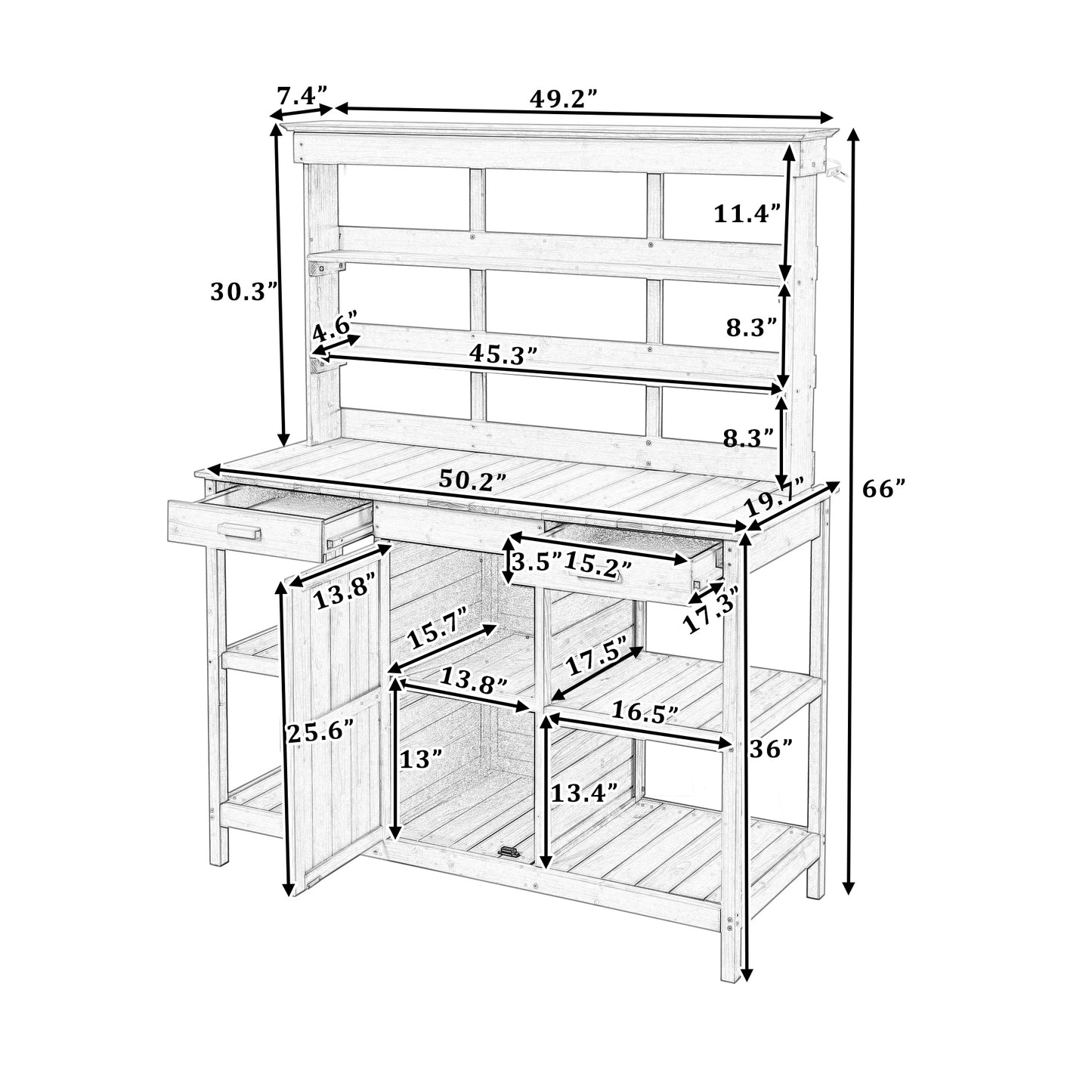 TOPMAX 66" Large Outdoor Farmhouse Wooden Potting Bench Table, Garden Workstation with 2 Drawers, Cabinet and Open Shelves for Backyard, Mudroom, Brown