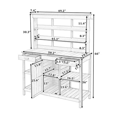 TOPMAX 66" Large Outdoor Farmhouse Wooden Potting Bench Table, Garden Workstation with 2 Drawers, Cabinet and Open Shelves for Backyard, Mudroom, Brown