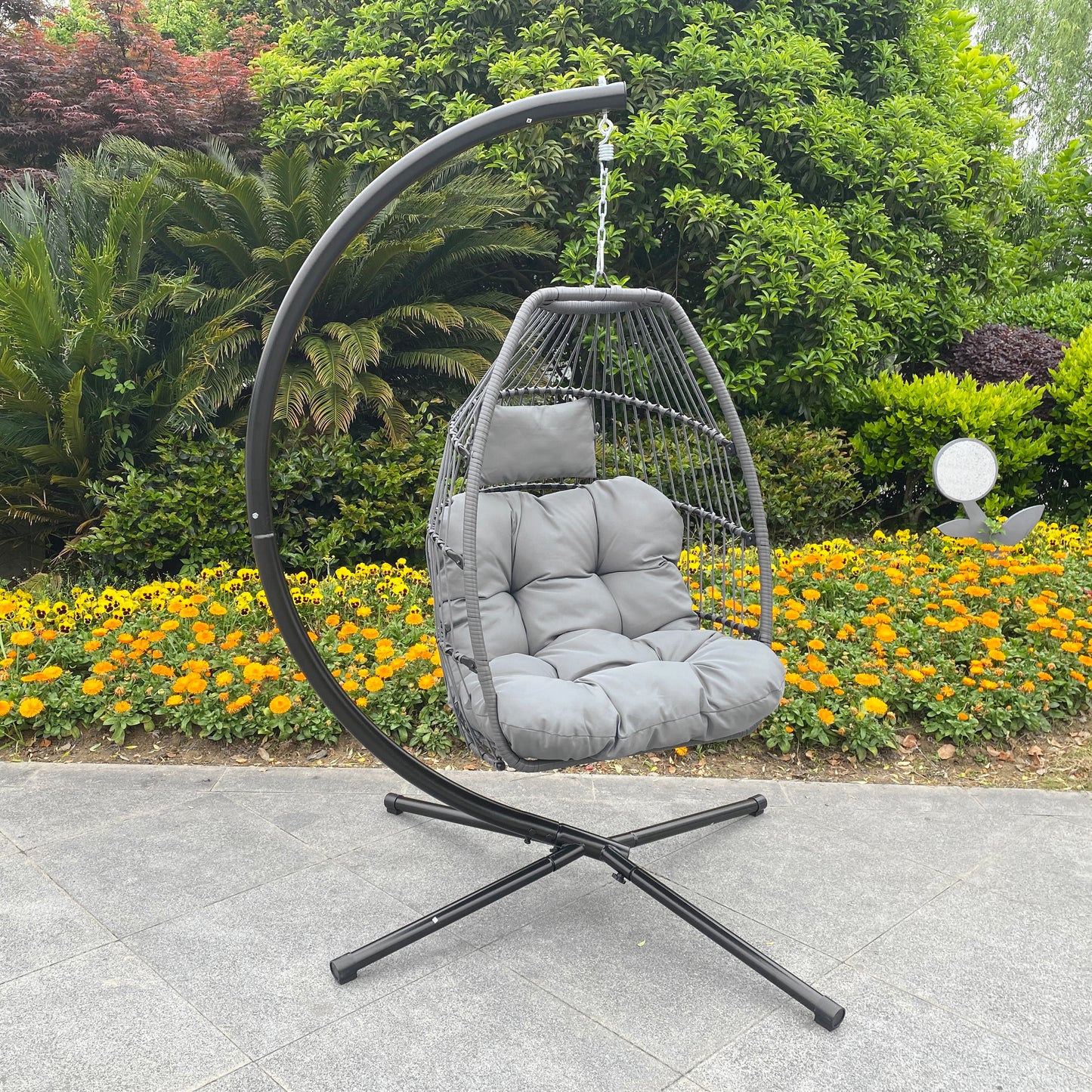 Outdoor Patio Wicker Folding Hanging Chair,Rattan Swing Hammock Egg Chair With C Type Bracket, With Cushion And Pillow