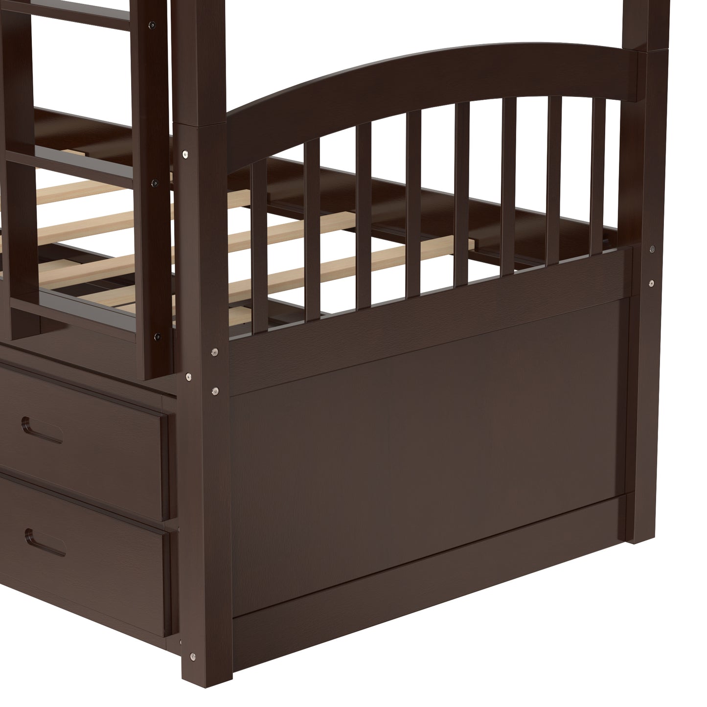 Twin over Twin Wood Bunk Bed with Trundle and Drawers, Espresso