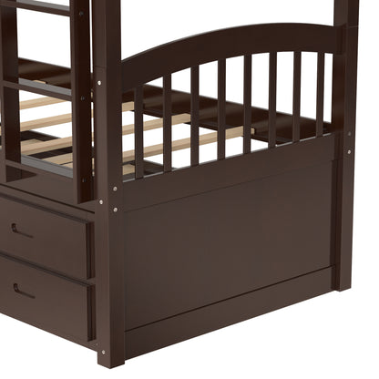 Twin over Twin Wood Bunk Bed with Trundle and Drawers, Espresso