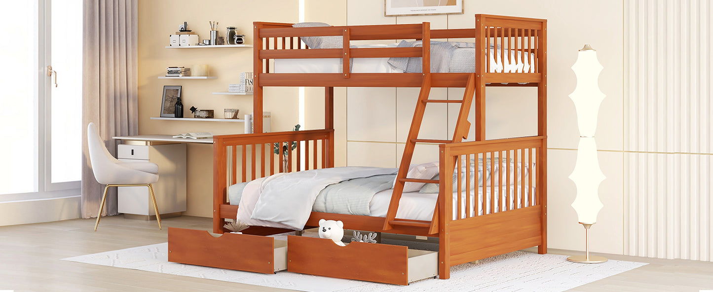 Twin-Over-Full Bunk Bed with Ladders and Two Storage Drawers (Walnut) ( old sku:LT000165AAD）