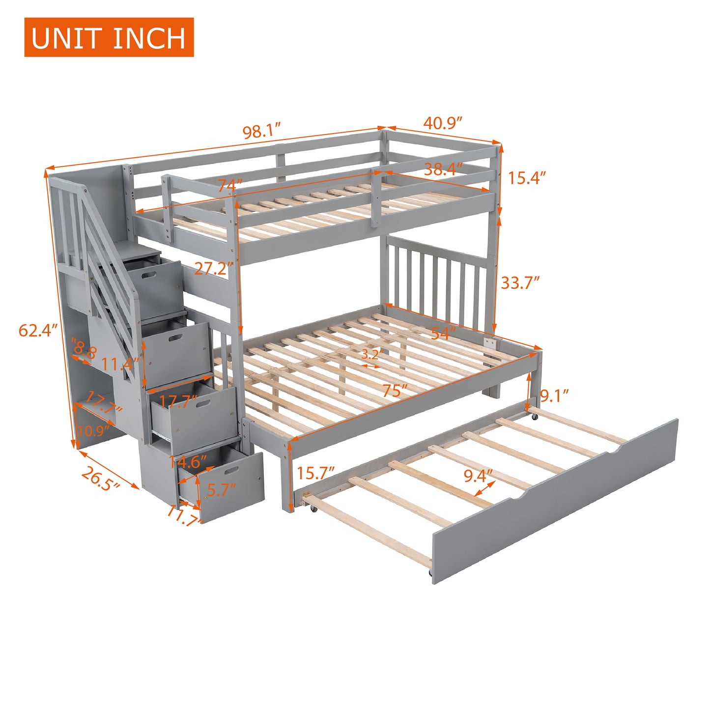 Twin over Twin/Full Bunk Bed with Twin Size Trundle (Gray)(OLD SKU :LP000025AAE)