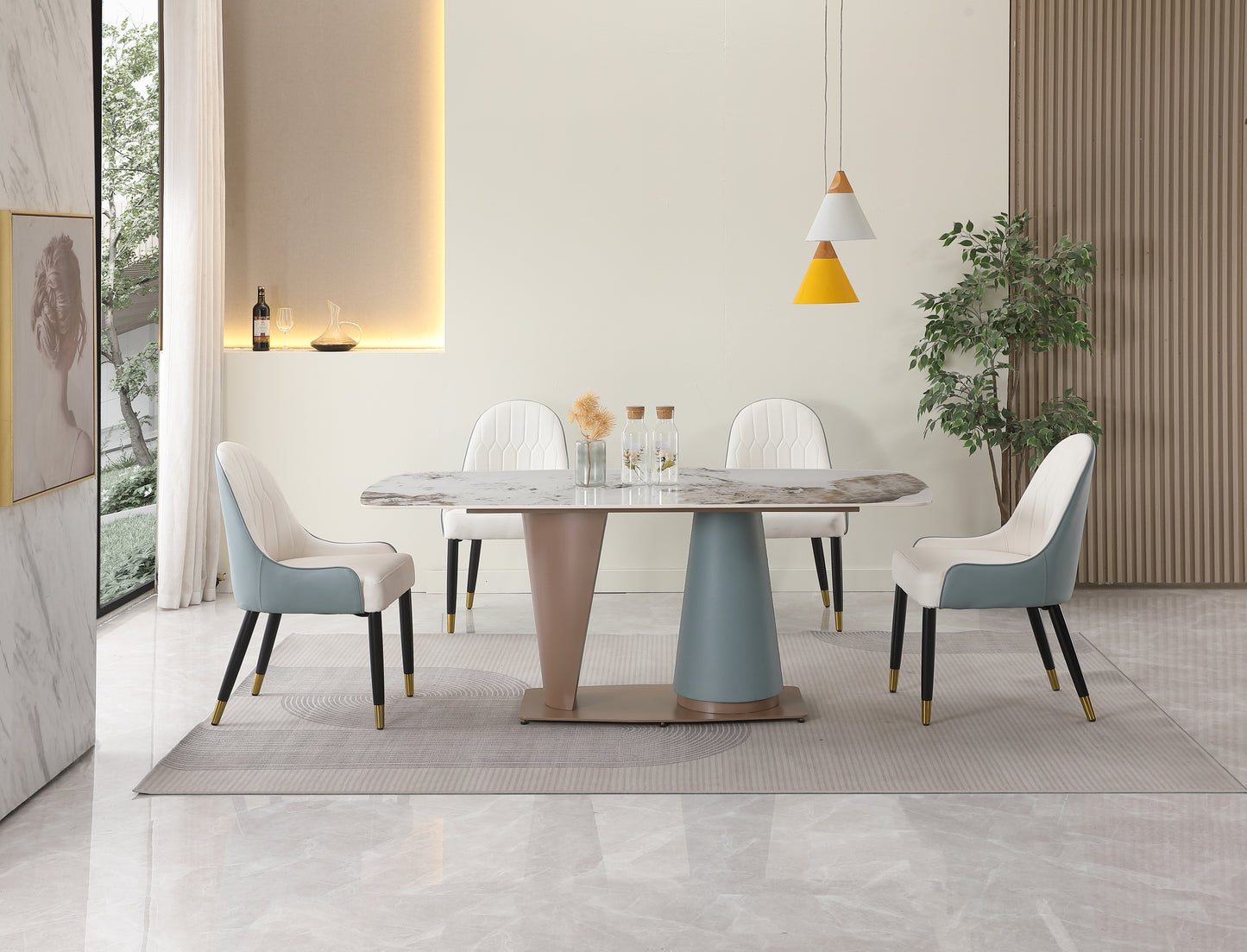 71"  Pandora color sintered stone dining table with cone shape  Pedestal Base in champagne and blue color