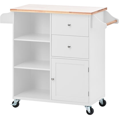 K&K Store Kitchen Cart on 4 Wheels with 2 Drawers and 3 Open Shelves, Kitchen Island with Rubber Wood top for Dinning Room, White