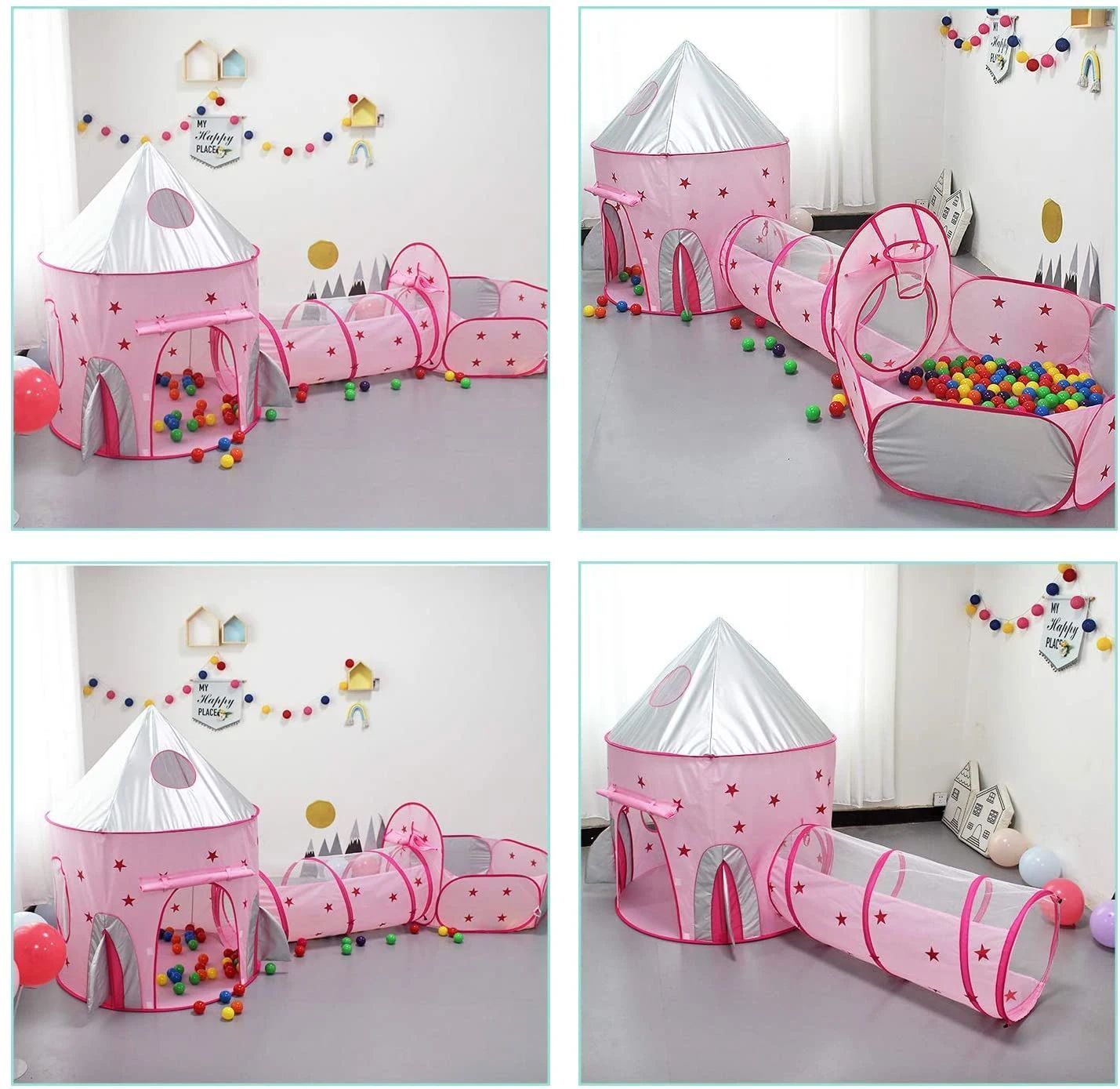 3 in 1 Rocket Ship Play Tent - Indoor/Outdoor Playhouse Set for Babies,Toddleers, Pink