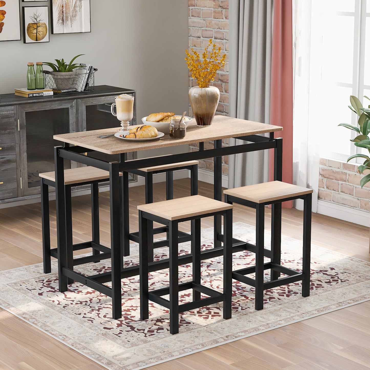 TREXM 5-Piece Kitchen Counter Height Table Set, Industrial Dining Table with 4 Chairs (Oak)