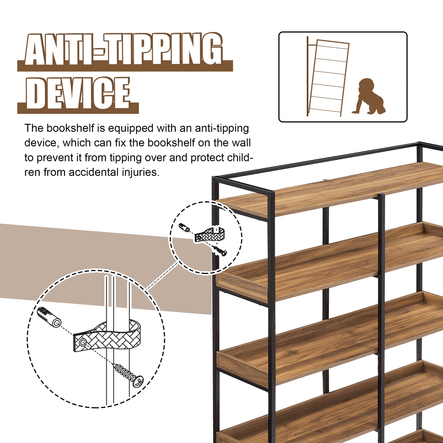 70.8 Inch Tall Bookshelf MDF Boards Stainless Steel Frame, 6-tier Shelves with Back&Side Panel, Adjustable Foot Pads, Brown