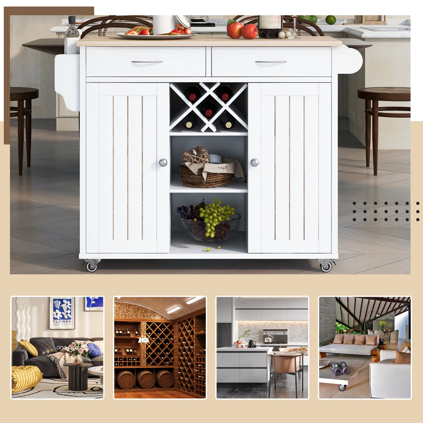 K&K Store Kitchen Island Cart with Two Storage Cabinets and Four Locking Wheels，Wine Rack, Two Drawers,Spice Rack, Towel Rack （White）