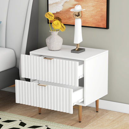 Nightstand with 2 Drawers & Golden Handle，Storage Bedside Table - White