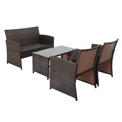 4 PCS Wicker Patio Conversation Set, Outdoor Rattan Sofas with Table Set, Patio Furniture Set with Soft Cushions & Tempered Glass Coffee Table