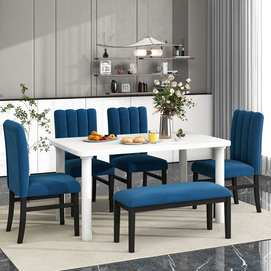 TREXM 6-Piece Dining Table Set with Marble Veneer Table and 4 Flannelette Upholstered Dining Chairs & Bench (White+Blue)