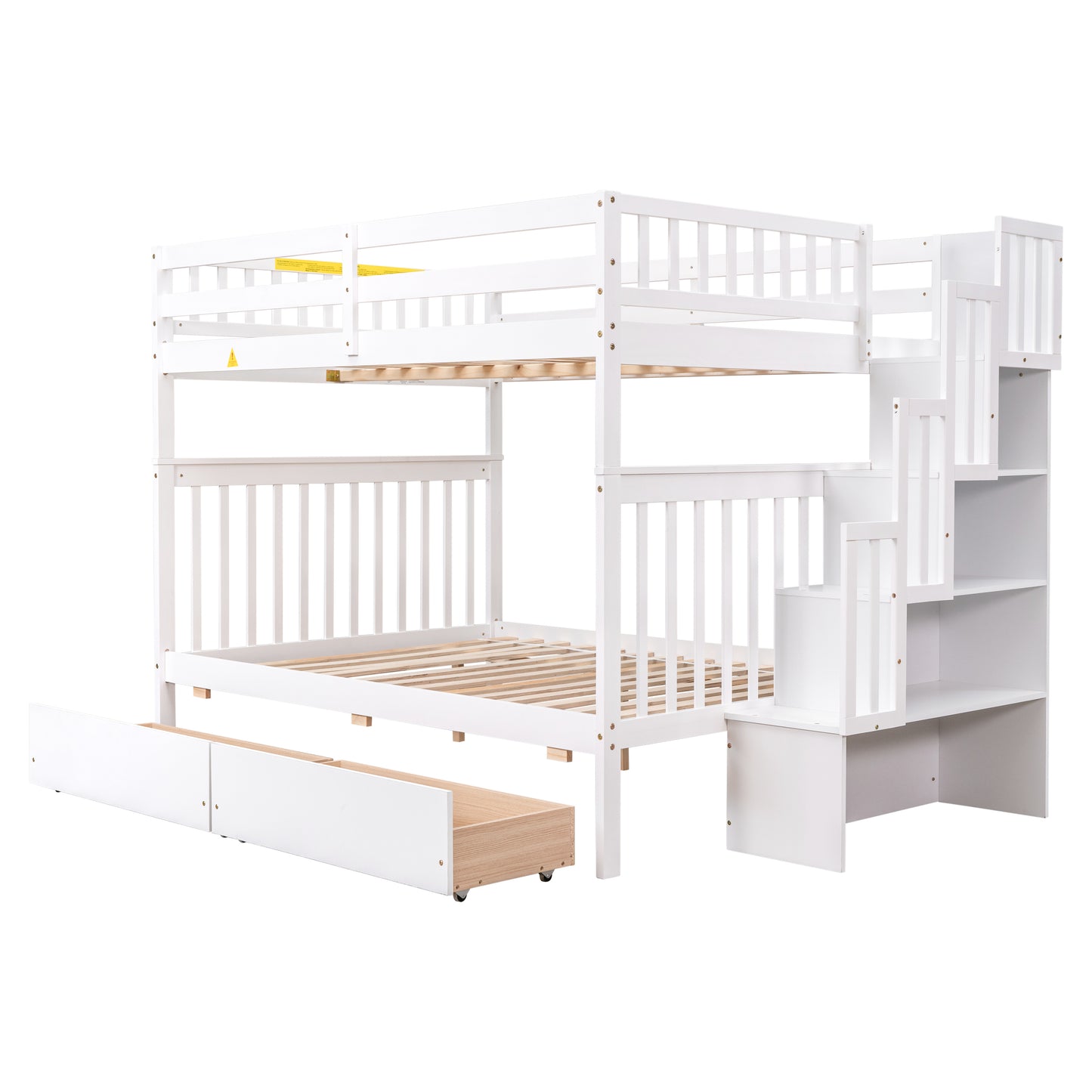 Full Over Full Bunk Bed with 2 Drawers and Staircases, Convertible into 2 Beds, the Bunk Bed with Staircase and Safety Rails for Kids, Teens, Adults, White