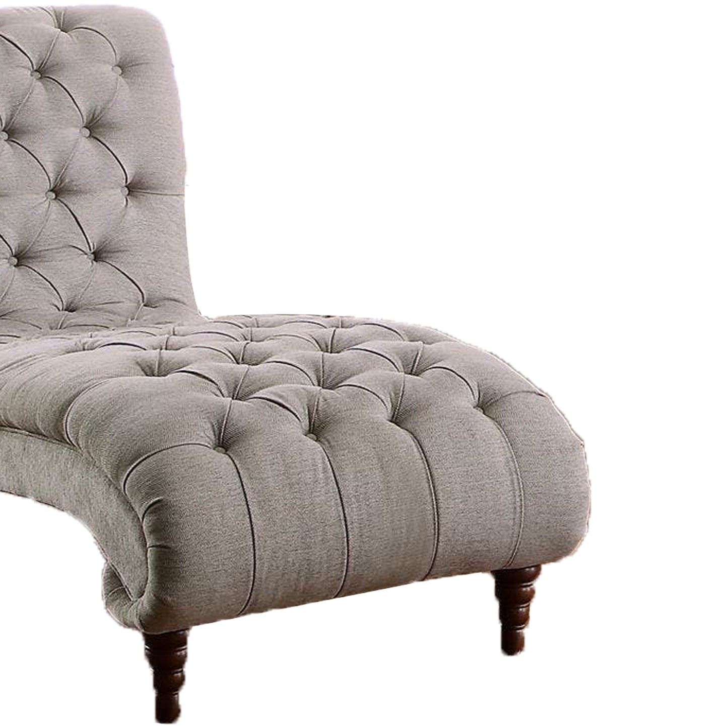 68 Inch Rolled Design Chaise, Gray Fabric, Button Tufting, Turned Feet