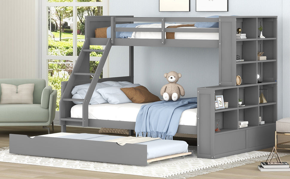 Twin over Full Bunk Bed with Trundle and Shelves, can be Separated into Three Separate Platform Beds, Gray