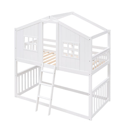 Twin Over Twin House Bunk Bed With Ladder, Wood Bed-White