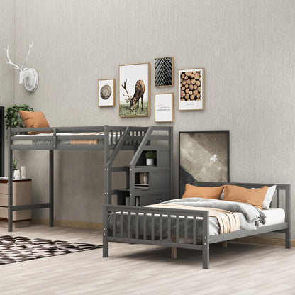 Twin over Full Loft Bed with Staircase,Gray(OLD SKU:SM000107AAE)