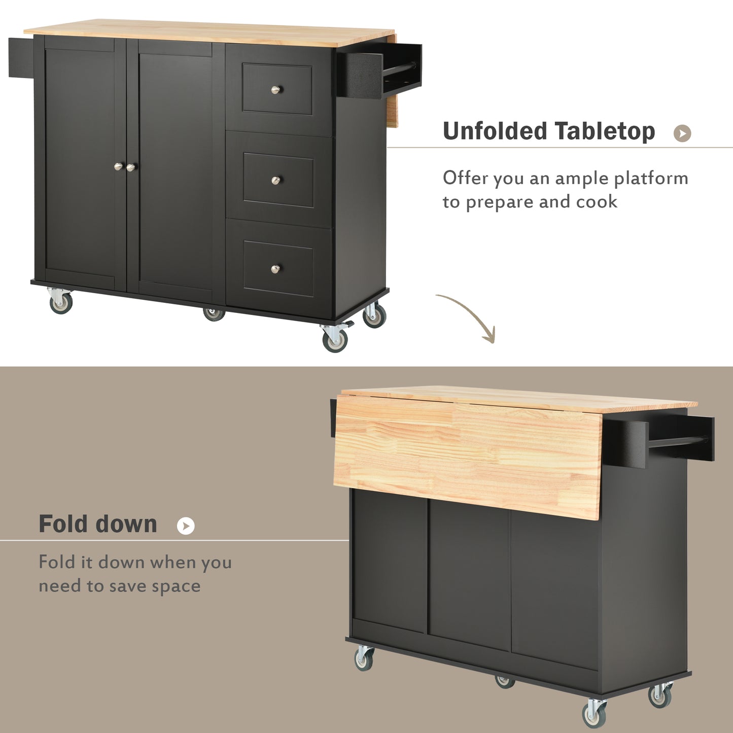 Rolling Mobile Kitchen Island with Solid Wood Top and Locking Wheels，52.7 Inch Width，Storage Cabinet and Drop Leaf Breakfast Bar，Spice Rack, Towel Rack & Drawer （Black）