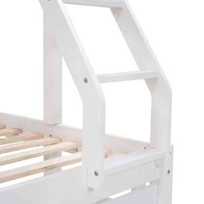 Full Over Twin & Twin Bunk Bed, Wood Triple Bunk Bed with Drawers and Guardrails  (White) （OLD SKU:LP000143AAK）