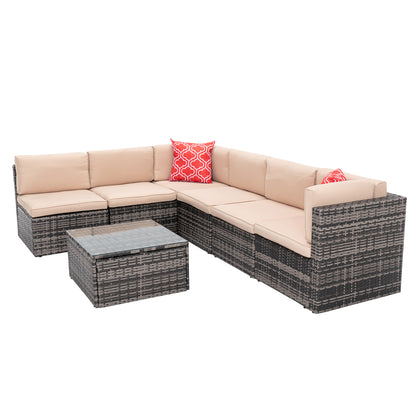 7Pcs Outdoor Garden Patio Furniture  PE Rattan Wicker  Sectional Cushioned Sofa Sets with 2 Pillows and Coffee Table