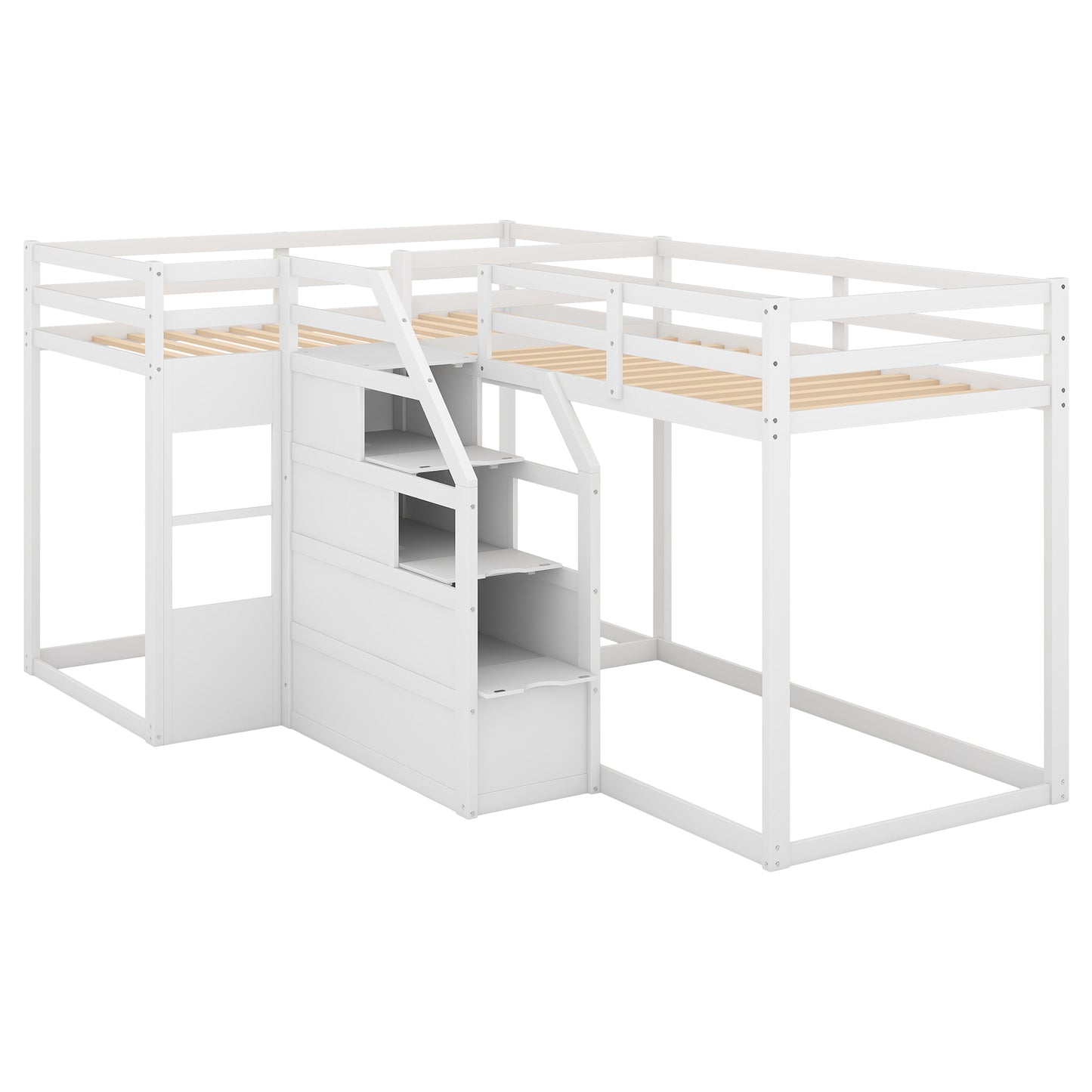 Twin over Twin L-Shaped Bunk Bed with Built-in Middle Staircase,White