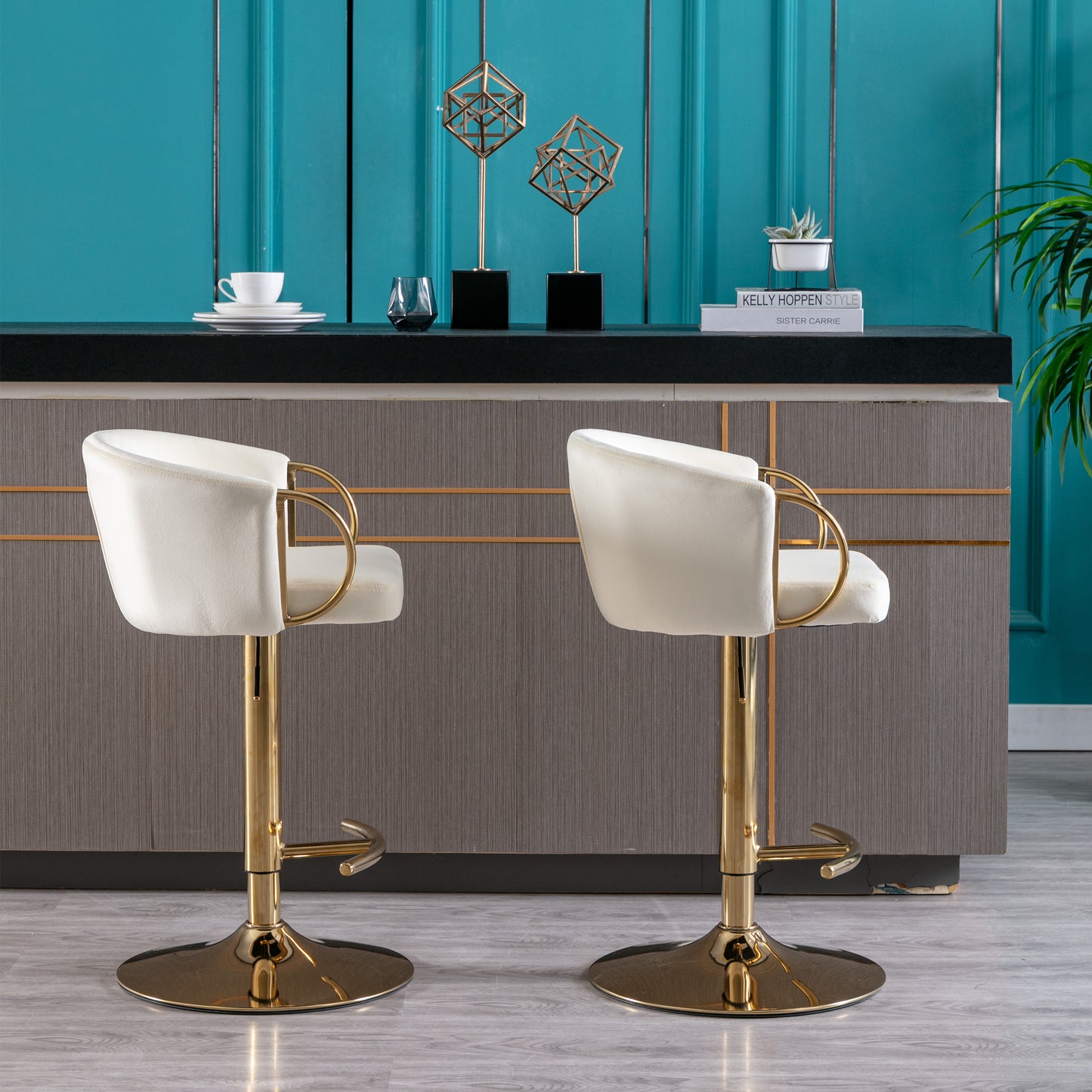 Set of 2  Bar Stools,with Chrome Footrest and Base Swivel Height Adjustable Mechanical Lifting Velvet + Golden Leg Simple Bar Stool-Ivory