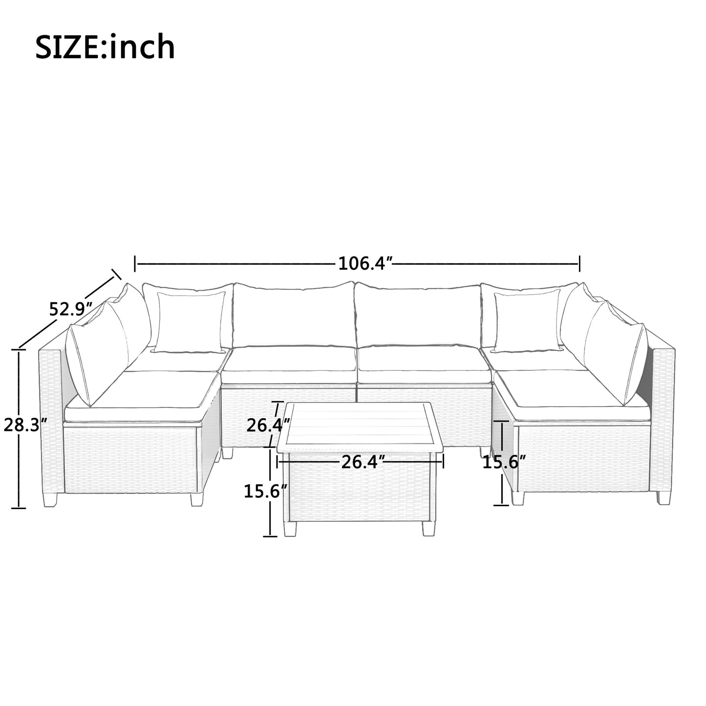 U-style Quality Rattan Wicker Patio Set, U-Shape Sectional Outdoor Furniture Set with Cushions and Accent Pillows