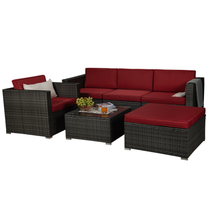 Outdoor Garden Patio Furniture 6-Piece Gray PE Rattan Wicker Sectional Red Cushioned Sofa Sets with 1 Beige Pillow