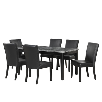 7-piece Dining Table Set with 1 Faux Marble Top Table and 6 Upholstered-Seats,Table: 66in.Lx38in.Wx30in.H, Chair: 20.5in.Lx26.25in.Wx38.5in.H