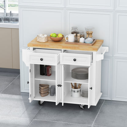 Kitchen Island Cart with Two Storage Cabinets and Two Locking Wheels，43.31 Inch Width，4 Door Cabinet and Two Drawers，Spice Rack, Towel Rack （White）