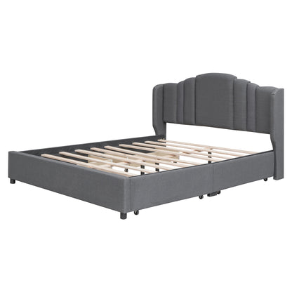 Upholstered Platform Bed with Wingback Headboard and 4 Drawers, No Box Spring Needed, Linen Fabric, Queen Size Gray