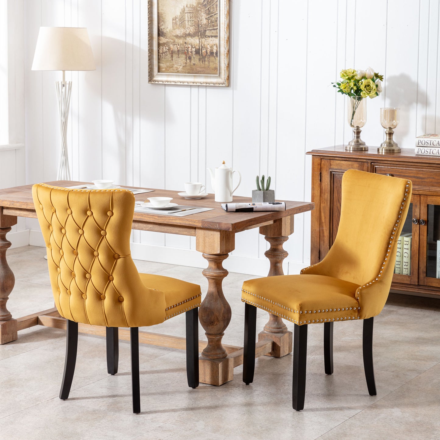 A&A Furniture,Upholstered Wing-Back Dining Chair with Backstitching Nailhead Trim and Solid Wood Legs,Set of 2, Gold 8809KD