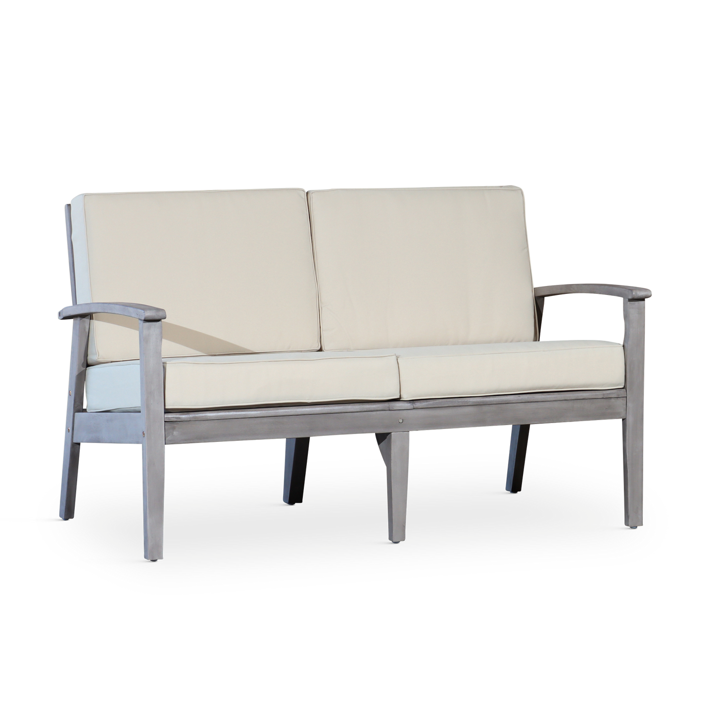 Eucalyptus Loveseat with Cushions, Silver Gray Finish, Sand Cushions