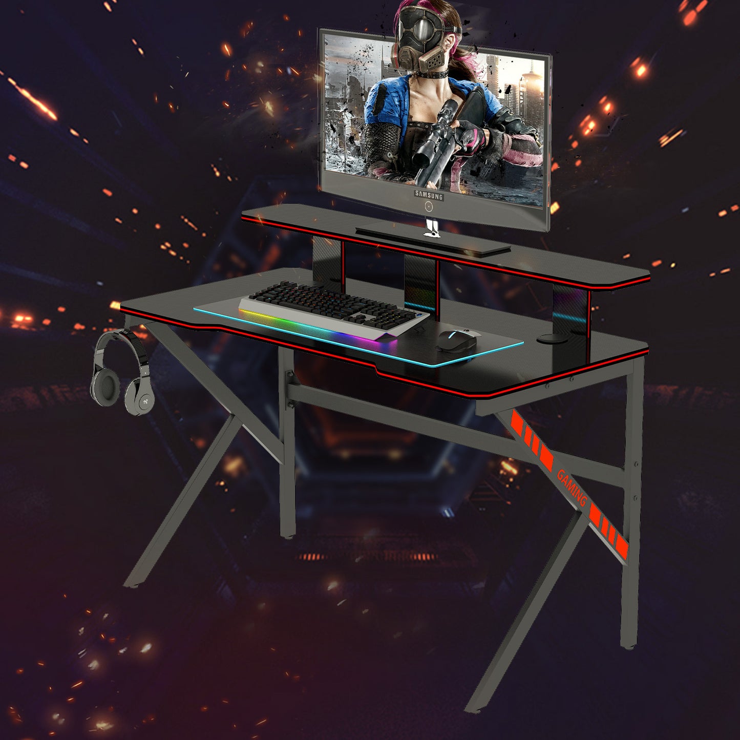 New Arrive Large Gaming Table K Shape Black MDF Gaming Desk with PC Holder