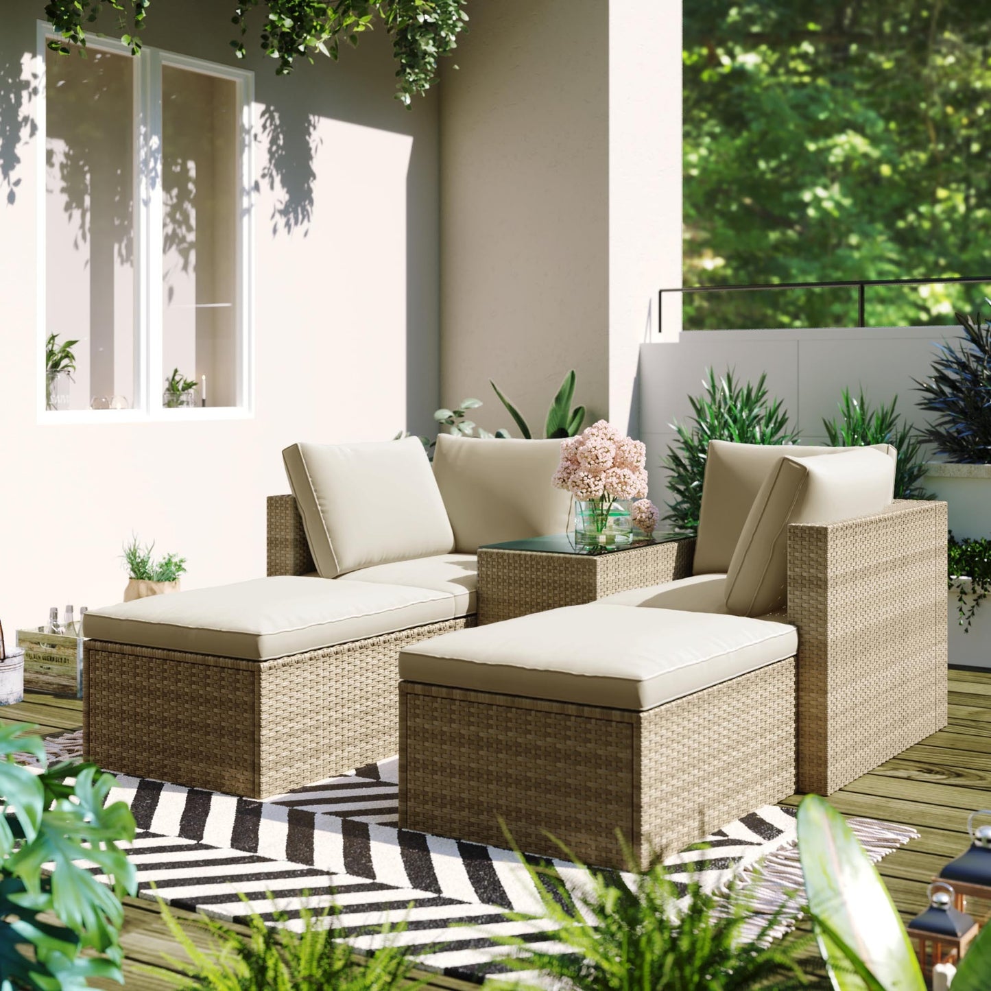 TOPMAX Outdoor Patio Furniture Set, 5-Piece Wicker Rattan Sectional Sofa Set, Brown and Beige