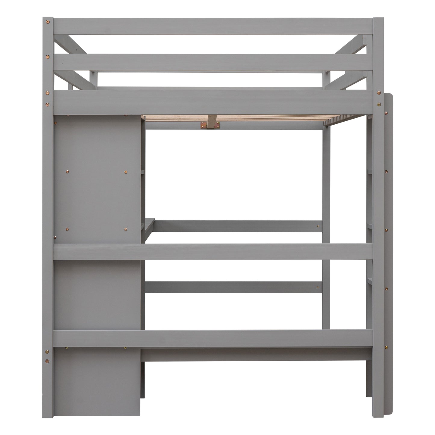 Full Size Loft Bed with Multifunction Shelves and Under-bed Desk, Gray