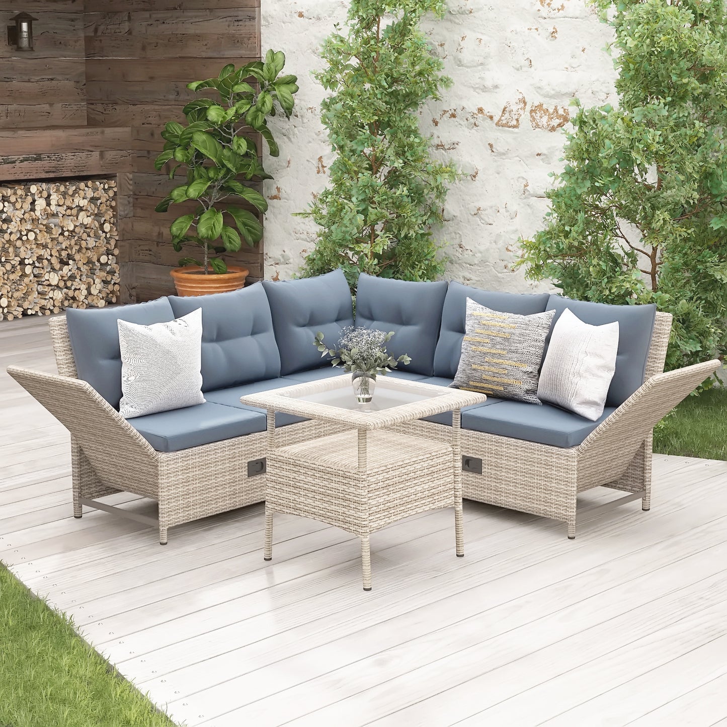 TOPMAX Outdoor Patio 4-Piece All Weather PE Wicker Rattan Sofa Set with Adjustable Backs for Backyard, Poolside, Gray